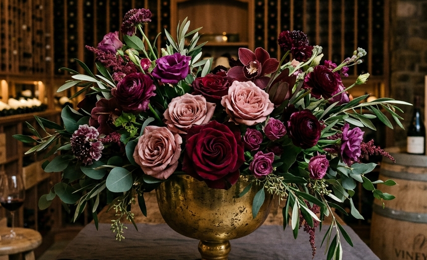 A large floral arrangement in a gold pedestal urn, featuring burgundy and dusty pink roses with green foliage, set on a rustic wooden table inside a wine cellar.