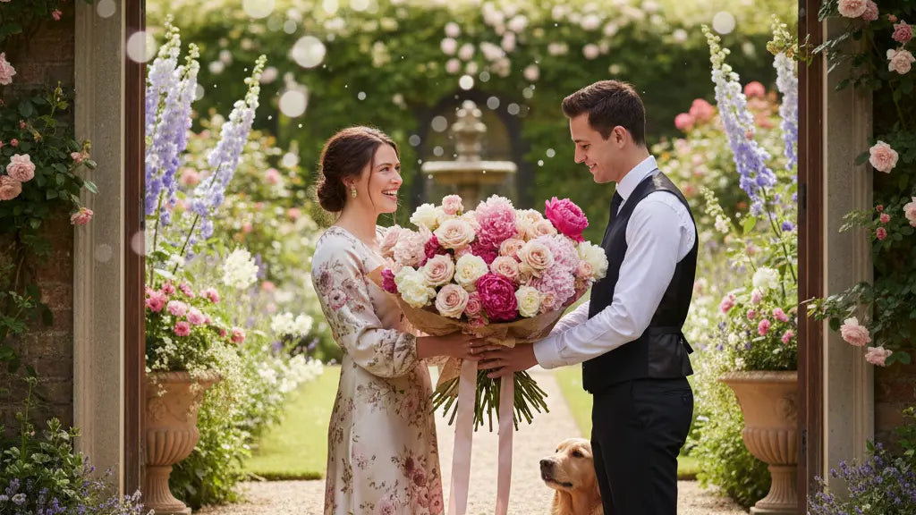 A woman in a cream floral dress and a man in a white shirt and black vest stand in a garden archway, holding a large bouquet of pink and white flowers. A golden retriever sits at their feet.