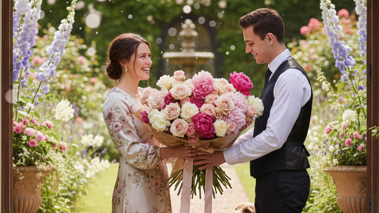 A woman in a cream floral dress and a man in a white shirt and black vest stand in a garden archway, holding a large bouquet of pink and white flowers. A golden retriever sits at their feet.