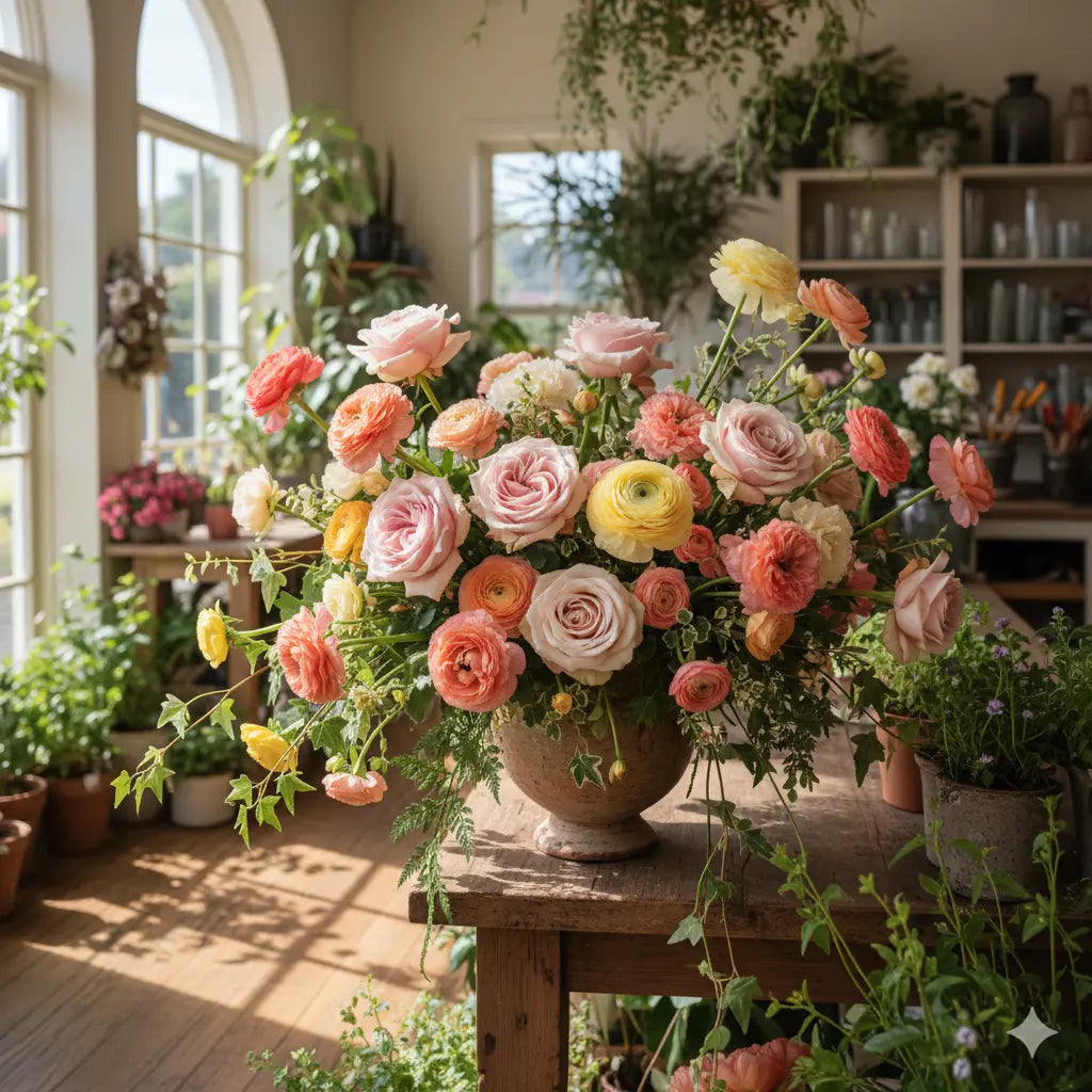 A large, lush floral arrangement of pink, peach, yellow, and cream flowers in a rustic stone vase, displayed on a wooden table inside a bright, sunlit greenhouse in Glastonbury, CT.