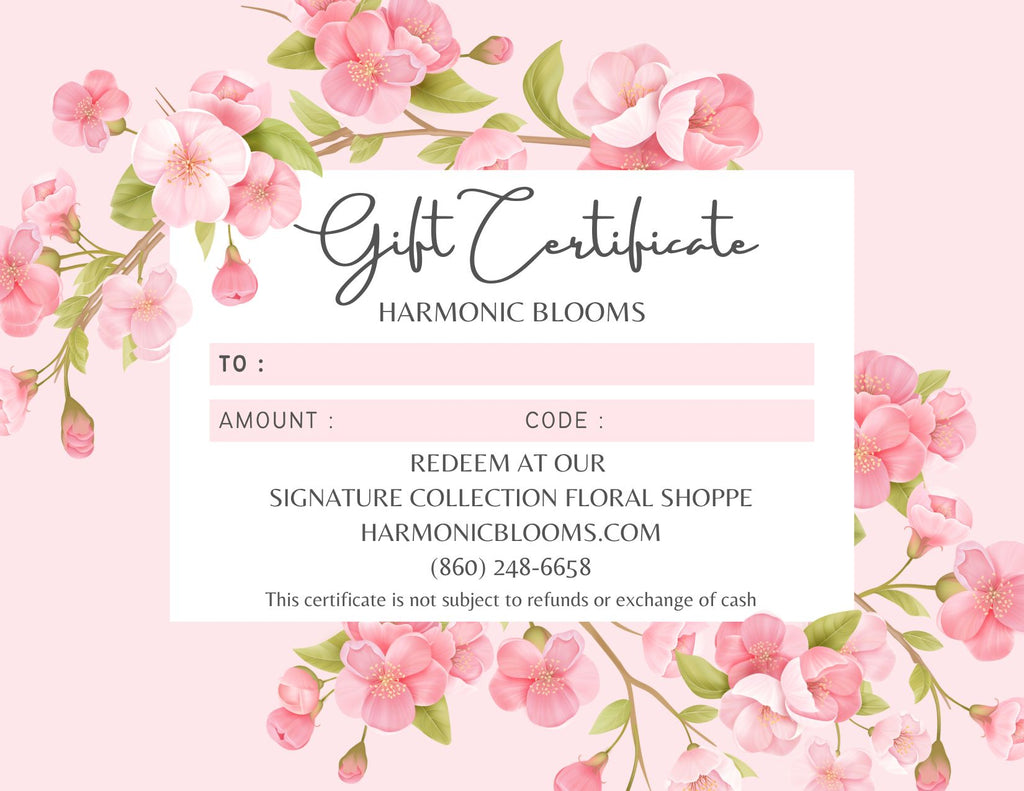 A floral gift certificate template with pink blossoms and green leaves framing a white certificate card. The certificate reads 'Gift Certificate' and 'Harmonic Blooms' with fields for 'To', 'Amount', and 'Code', plus the shop name and phone number.