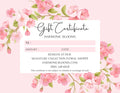 A floral gift certificate template with pink blossoms and green leaves framing a white certificate card. The certificate reads 'Gift Certificate' and 'Harmonic Blooms' with fields for 'To', 'Amount', and 'Code', plus the shop name and phone number.