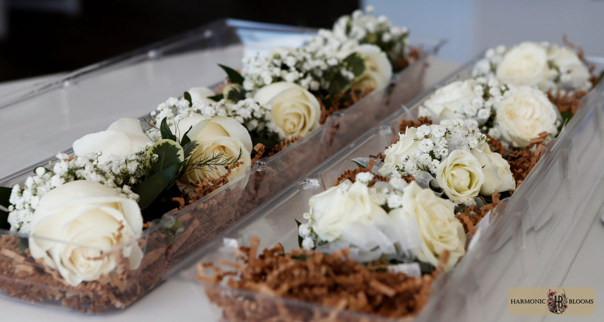 Two long clear plastic trays containing floral arrangements of white roses and small white baby's breath with green leaves, set in brown shredded paper filler on a light surface designed by Harmonic Blooms in Glastonbury, CT.