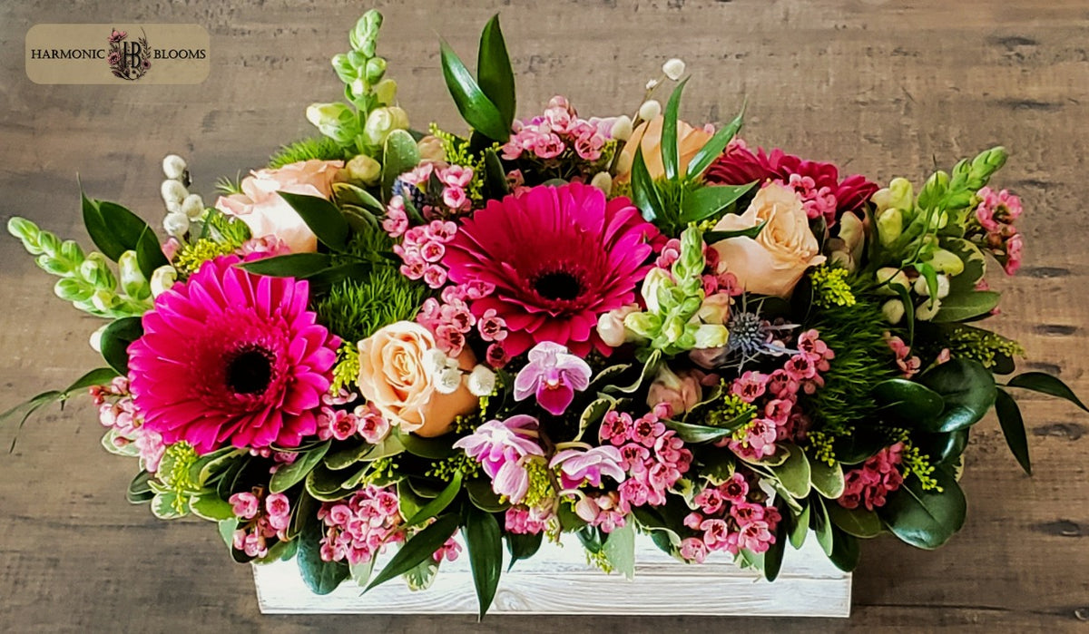 A vibrant floral arrangement in a white wooden box, featuring bright pink and magenta gerbera daisies, peach roses, pink orchids, and green foliage, designed by Harmonic Blooms in Glastonbury, CT and places against a rustic wooden background. The 'Harmonic Flower Blooms' logo is visible in the top left corner.