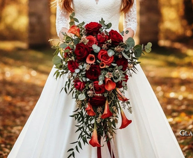 A woman in a white lace wedding gown stands outdoors in a sunlit autumn forest holding a large bouquet of red and burgundy flowers with green foliage. Large overlaid text reads 'HARMONIC BLOOMS' with smaller taglines, and additional text at the bottom right reads 'GLASTONBURY, CT EST 2023'.
