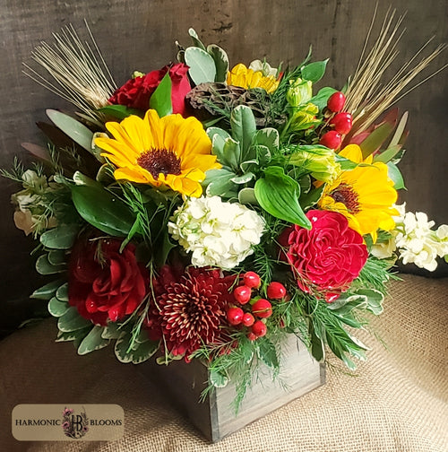 A vibrant autumn floral arrangement in a rustic wooden box, featuring yellow sunflowers, red roses, white stock, red berries, burgundy mums, wheat and green foliage, designed by Harmonic Blooms in Glastonbury, CT and set against a dark wood background.