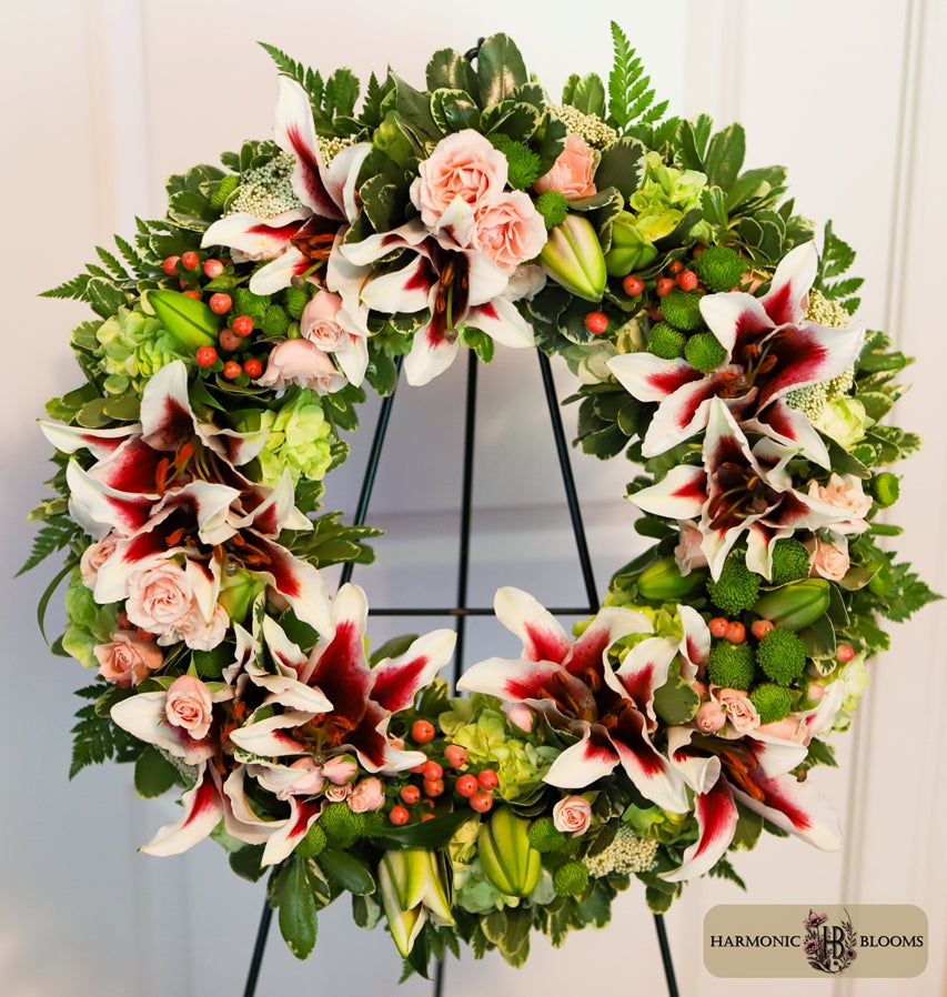 A circular floral wreath displayed on a black metal stand against a white paneled door. The wreath features large white lilies with deep red streaks, light pink roses, green hydrangeas, and green foliage, with small red berries as accents designed by Harmonic Blooms in Glastonbury, CT.