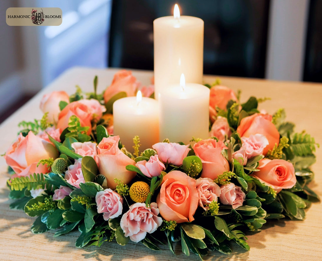 A floral centerpiece with three lit white pillar candles surrounded by pink and peach roses, green foliage, and small yellow accents on a light wood table. A 'Harmonic Gardens Blooms' logo is visible in the top-left corner.